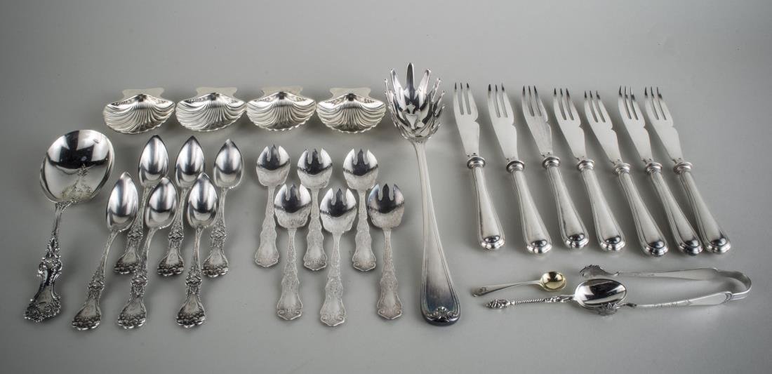 Group of Sterling Silver & Silver Plated Flatware: Comprising set of six Alvin sterling fruit spoons, set of six silver plated oyster forks, sterling silver serving spoon, tongs, set of six fish forks, Scottish silver salt cellar spoon, set of four si