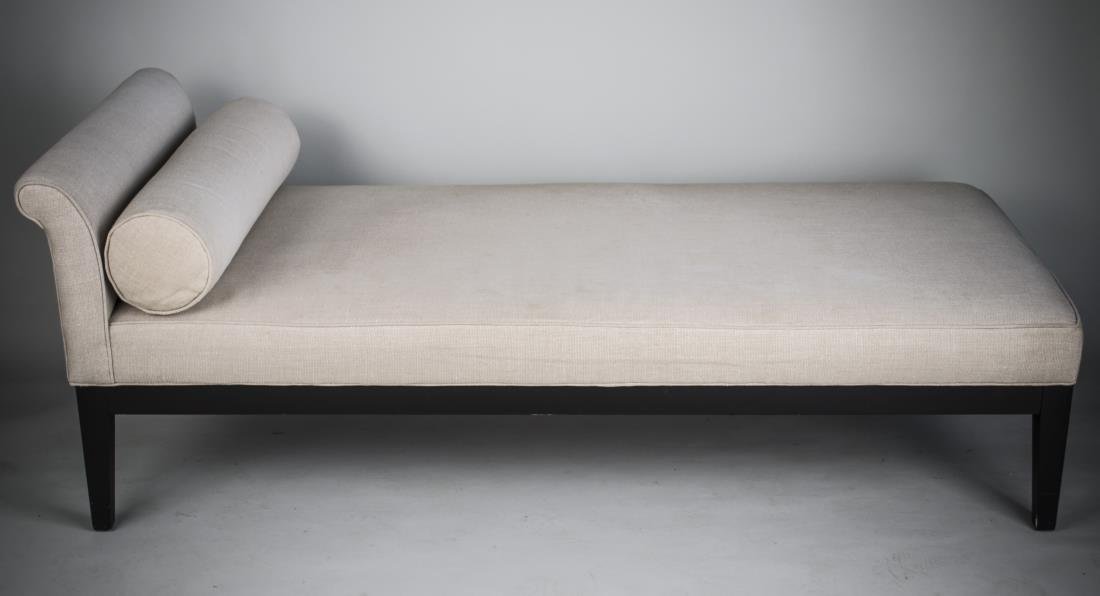 Chaise Longue: Rectangular with rolled cushion pillow. Height 28 inches, width 32 inches, length 6 feet 1 inch.