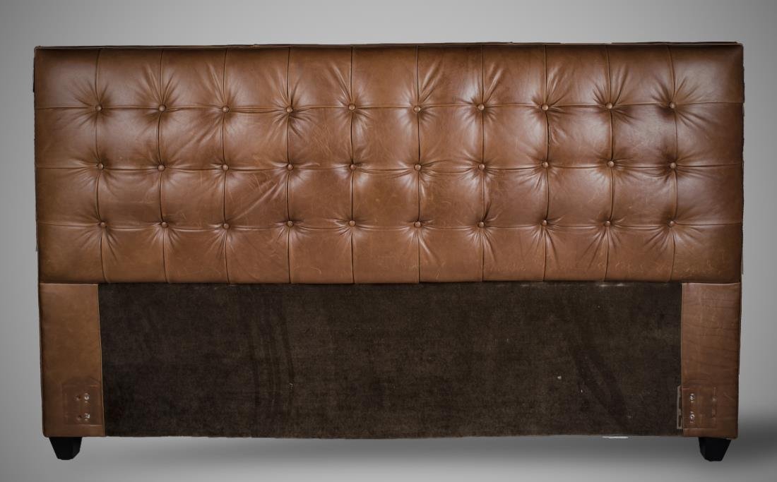 Ralph Lauren Style Leather Headboard: Button tufted brown leather.