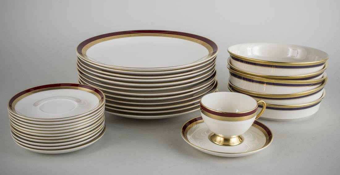 Gorham Porcelain Partial Dinner Service: Comprising twelve dinner plates, twelve soup bowls, eleven cups and twelve saucers. Plate, diameter 10 1/2 inches.