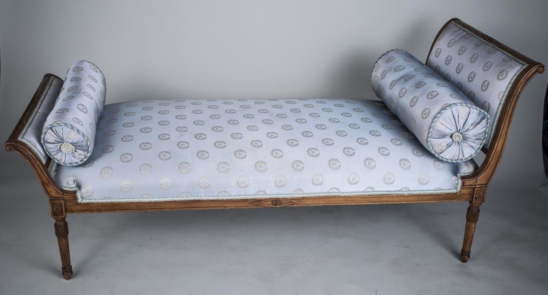Louis XVI Style Upholstered Chaise: Light blue silk upholstery, tapered fluted legs. Height 31 inches, width 5 feet 9 inches, depth 29 inches.
