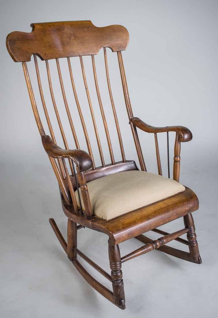 Rocking Chair: 19th century, tablet crest rail, spindle back, panel seat.