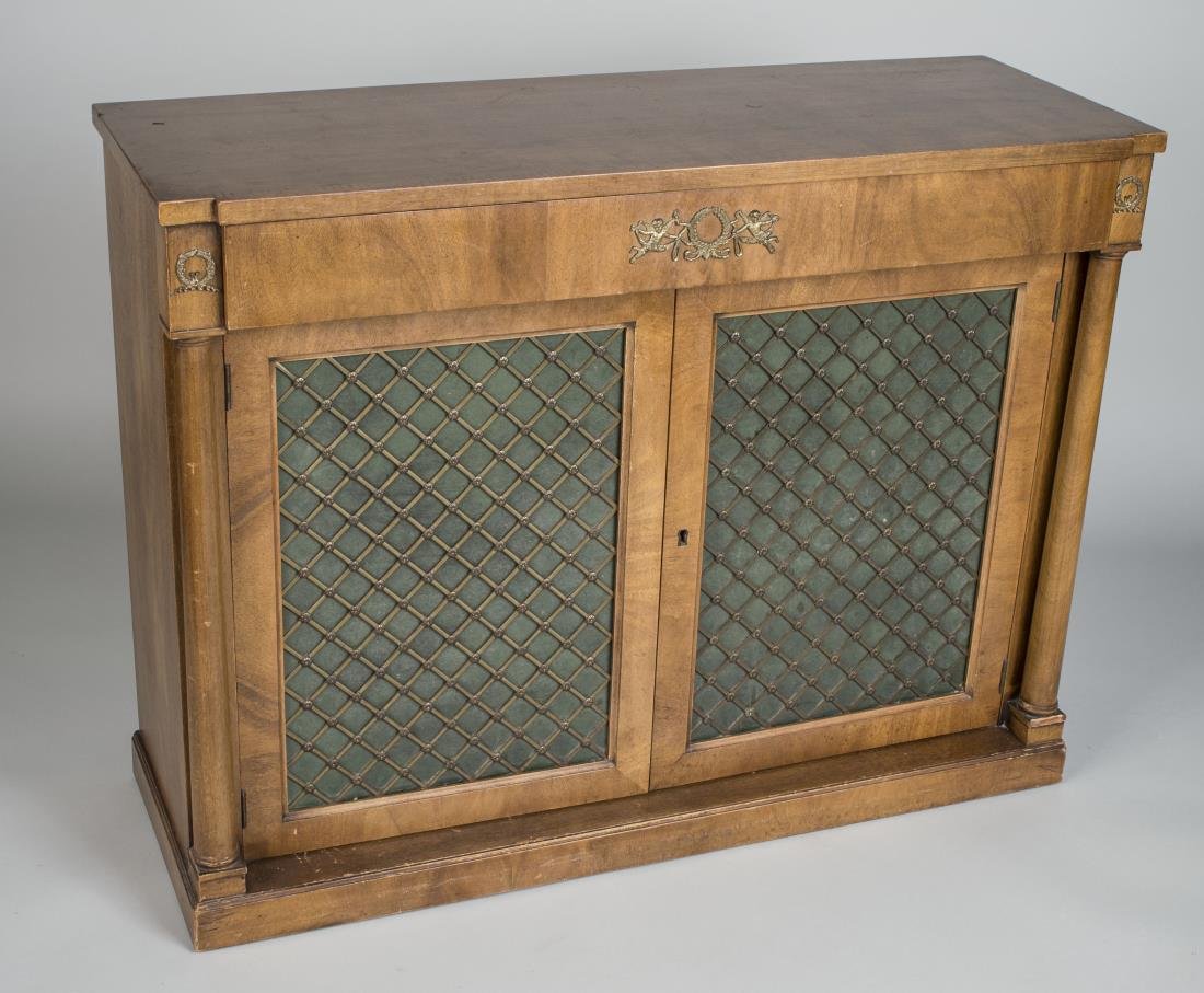 Regency Style Mahogany Side Cabinet: Rectangular top, over two grilled doors, plinth base. Height 32 inches, width 42 inches, depth 15 inches.