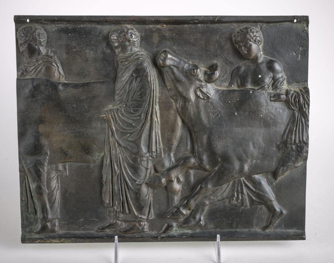 Bronze Plaque: Classical scene with three figures and two cattle, modeled after the Pantheon frieze. Height 10 1/2 x 13 1/2 inches.