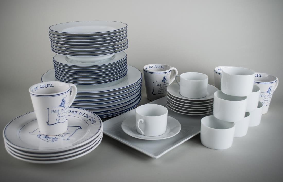 Group of Table Articles: Set of four mugs, set of French cups and saucers, etc. Mug, height 4 1/4 inches.