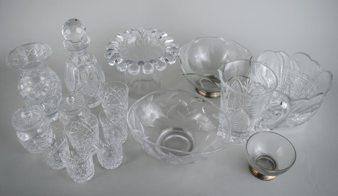 Miscellaneous Group of Glass Table Articles: Including a Lenox bowl, Waterford decanter and glasses, Stuart bowl, Brierly glasses, etc. Tallest height 10 inches.