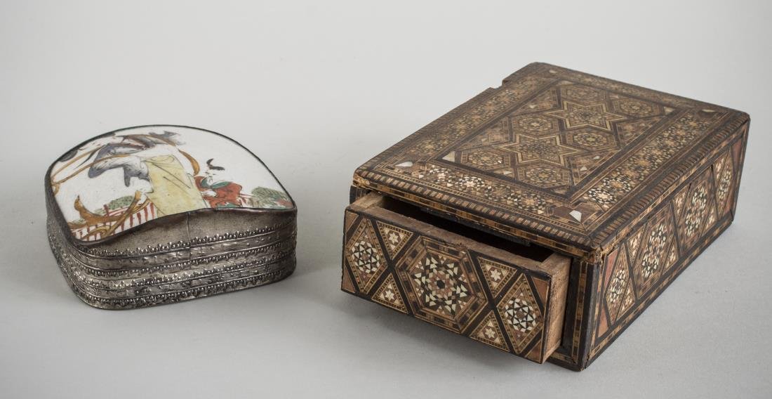 Two Boxes: Syrian inlaid wood box and a Chinese enamel top box. Wood box, height 1 1/2 inches, width 8 inches, depth 4 inches.