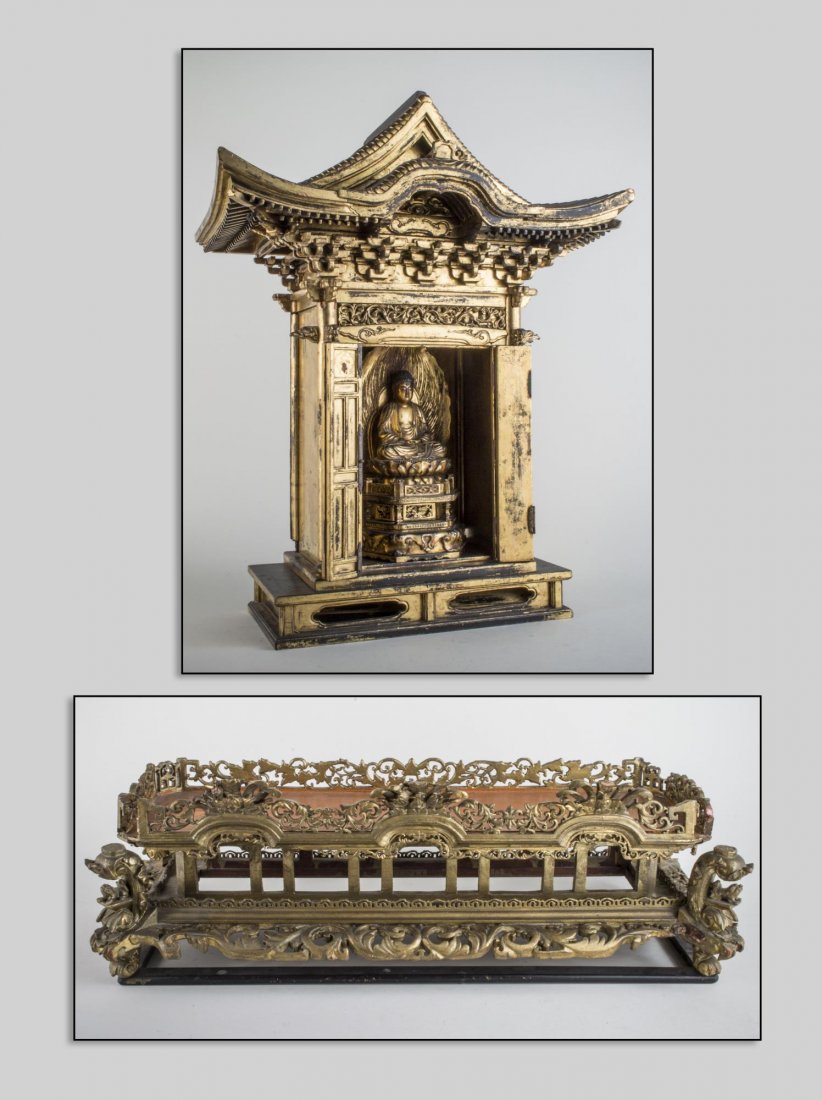Korean Carved Giltwood Pagoda Altar Shrine: Together with a carved giltwood pedestal. Height 23 1/2 inches, width 18 1/4 inches, depth 10 1/2 inches.