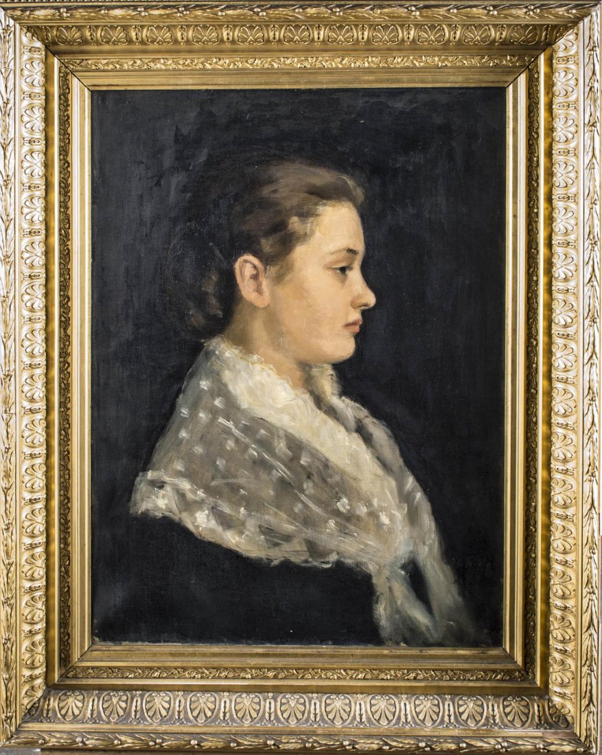 Continental School (19th Century): Portrait of a Young Woman. Oil on canvas. Signed illegibly (l.r.). Canvas size 24 x 18 inches. Framed.