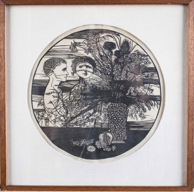 Leonard Baskin (American, 1922-2000): Children and still life. Etching on paper. Signed, titled and numbered 100/210 (l.c.). Hieght 12 1/2 x 12 1/2 inches. Matted and framed.