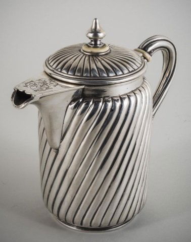 Tiffany & Co. Sterling Silver Coffee Pot: Cylindrical, with swirl design, signed Tiffany & Co. Makers, monogrammed. Height 7 1/4 inches, 15 ounces.