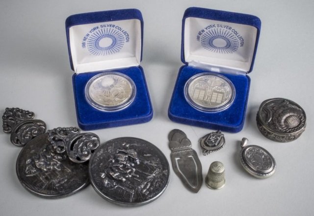 Group of Sterling SIlver Articles: Purse mirrors, thimble box, two medallions, etc.