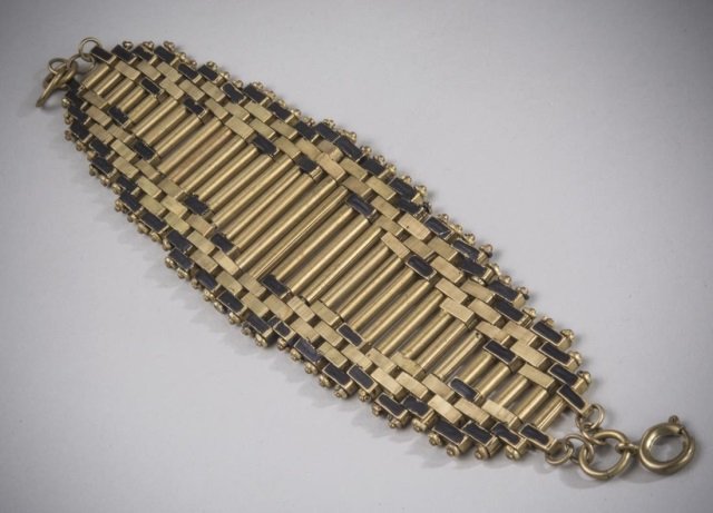 Jakob Bengel Art Deco Brass Bracelet: Tube links. Length 7 inches.