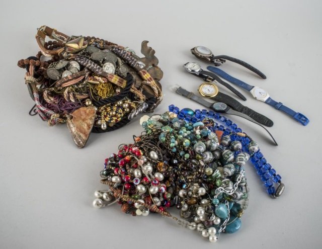 Group of Vintage Jewelry and Watches: Including two Swatch watches, etc and bead necklaces, some designer jewelry etc.