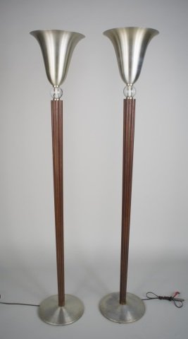 Pair of Russel Wright Torchieres: Each with spun aluminum shade, lucite ball accent, and reeded column support. Height 5 feet 7 inches.