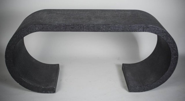 Karl Springer Style Table: Rectangular with incurved sides. Height 27 inches, width 6 feet, depth 18 inches.