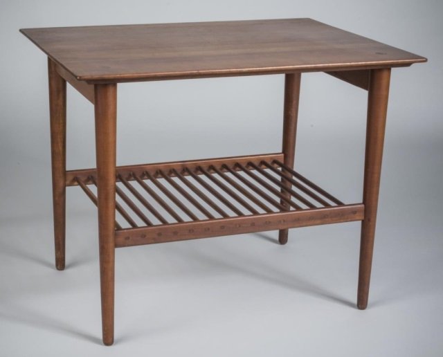 Danish Modern Teak Side Table: Rectangular top on turned tapered legs, joined by a spindled lower shelf. Height 19 inches, width 24 inches, depth 18 inches.