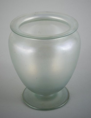 Iridescent Satin Glass Vase: Probably Steuben or Durand, everted rim, ovoid body. Height 5 inches.