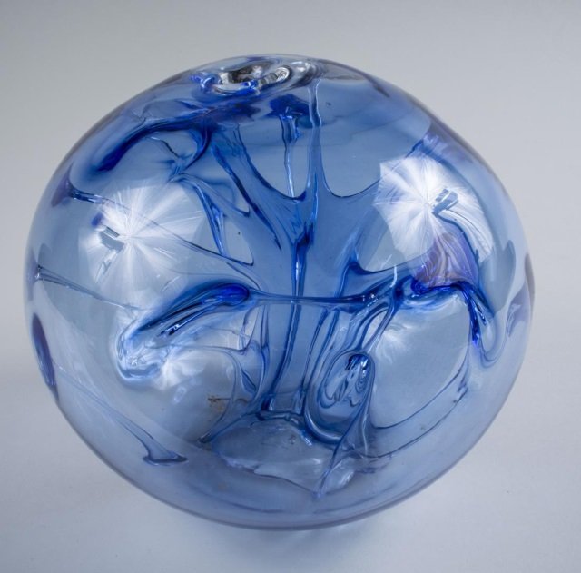 Peter (Paedra) Bramhall Hand Blown Art Glass Orb: Blue glass. Diameter 9 inches.