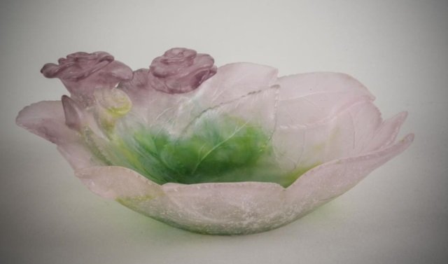 Daum Dish: Leaf form with flower decoration. Length 7 inches.
