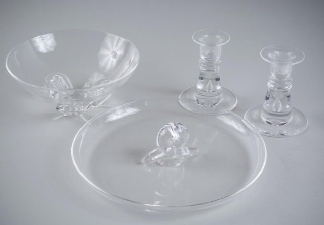 Steuben Glass Table Articles: Circular tray, bowl and pair of candlesticks. Bowl height 3 1/2 inches, diameter 7 3/4 inches.