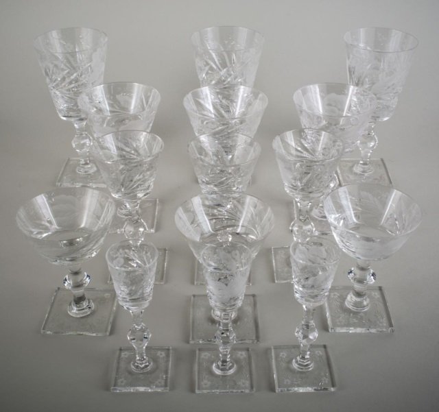 Group of Hawkes Crystal Stemware: Approximately forty eight pieces, Satin Iris pattern, comprising seven water goblets, eight tall sherbet / champagne glasses, eight cordials, eight wine glasses, nine liquor cocktail glasses, and eigh