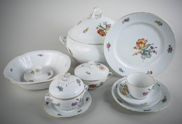 Bing & Grondahl Porcelain Dinner Service: Approximately fifty four pieces, Saxon flower pattern, comprising seven dinner plates, four salad plates, four bread plates, seven cups, nine saucers, seven soup cups, two soup cup underplates, six so