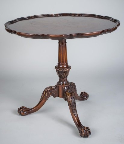 Mahogany Supper Table: Circular dish top on an urn form standard on a tripod base with scroll legs ending in claw and ball feet. Height 28 inches, diameter 31 inches.