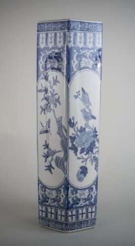 Asian Blue and White Porcelain Umbrella Stand: Hexagonal, with floral decoration. Height 27 1/2 inches.