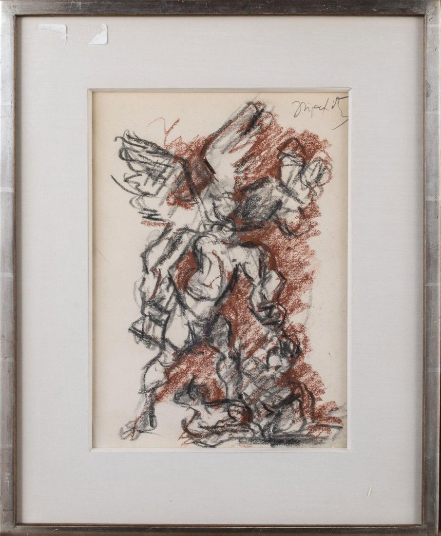 Jacques Lipchitz (French, 1891-1973): Study for the Sacrifice of Isaac. Colored crayon on paper, 1962. Signed (u.r.). Sight size 13 1/2 x 10 inches. Framed. Provenance: From the Collection of Helena and Ladislas Segy.