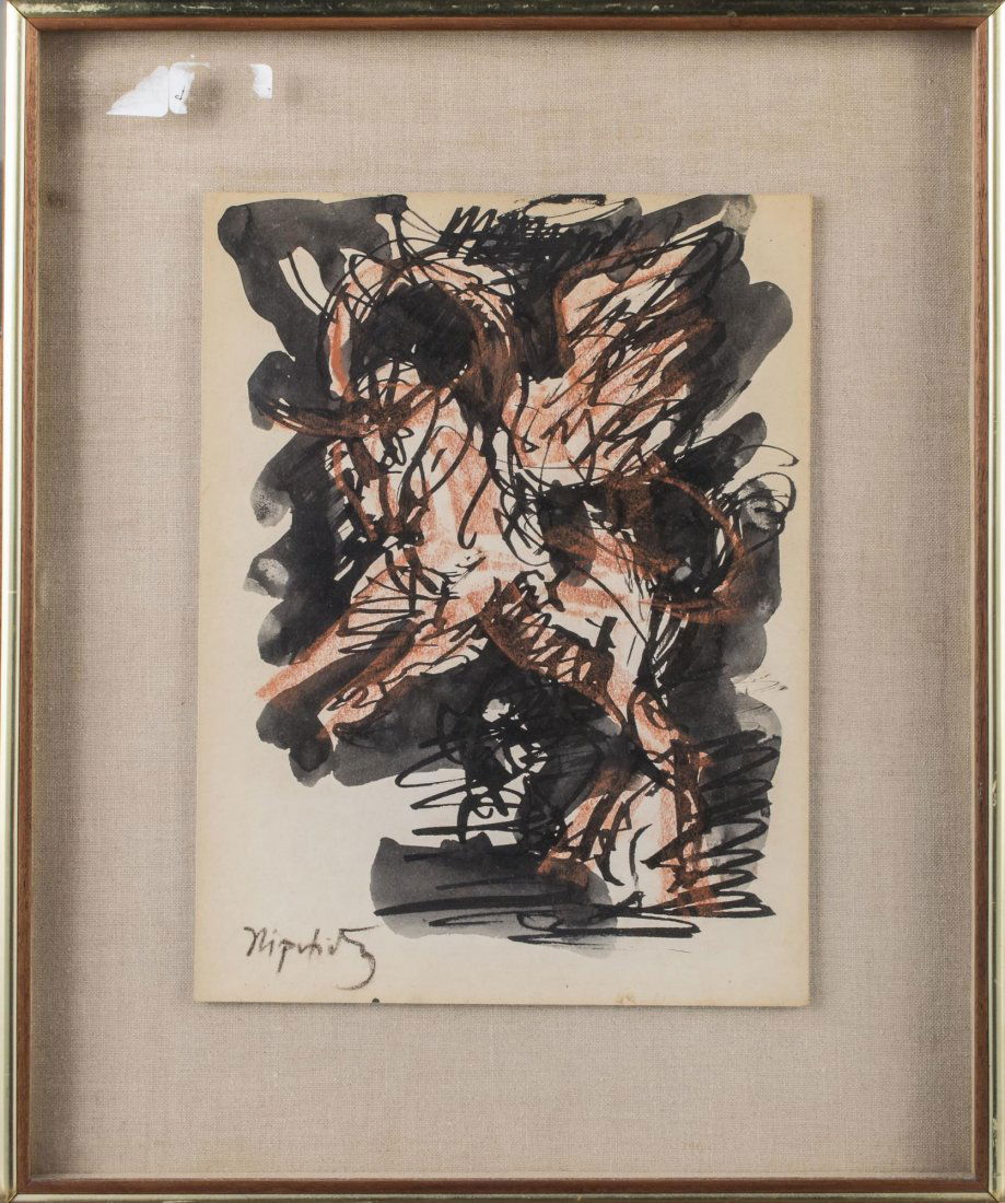 Jacques Lipchitz (French, 1891-1973): Study for Bull and Condor. Red chalk and ink on paper, 1962. Signed (l.l.). Sight size 12 x 9 inches. Matted and framed. Provenance: From the Collection of Helena and Ladislas Segy.