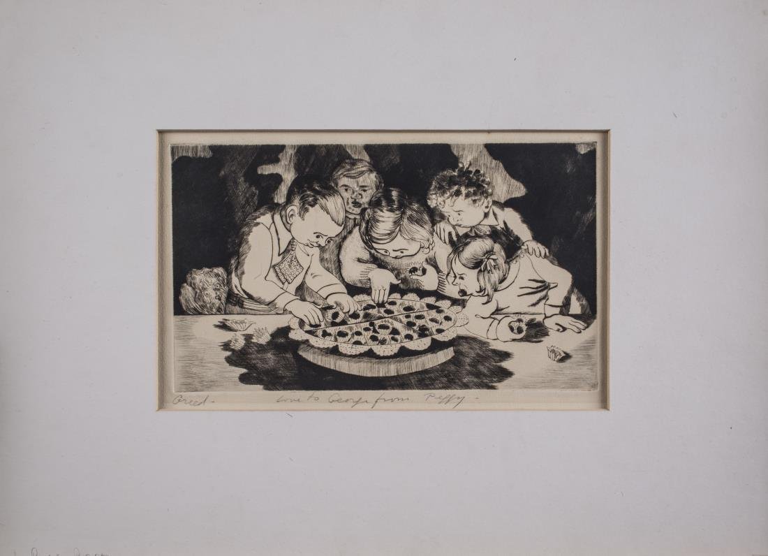 Peggy Bacon (American 1895-1987): Greed. Etching on paper. Dedicated (l.c.), titiled (l.l.). Image size 5 1/4 x 8 7/8 inches. Matted.