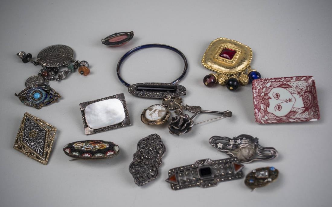 Group of Pins: Including a cameo, a mughal style pendant, a micromosaic pin, etc.
