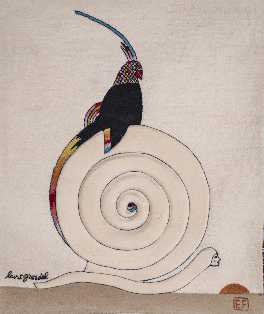 Burt Groedel for Edward Fields Tapestry: I've Grown Accustomed to your Face, tufted New Zealand wool, signed (l.l.) Made by Edward Fields 3 feet 11 inches x 5 feet.