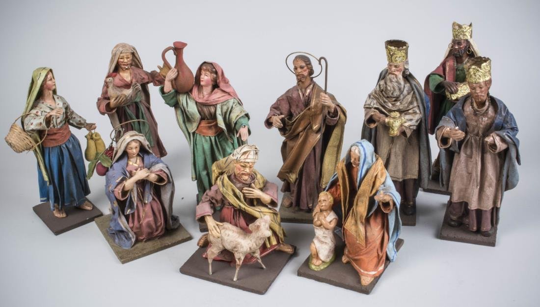 Italian Papier Mache and Ceramic Nativity Scene: Various sizes.