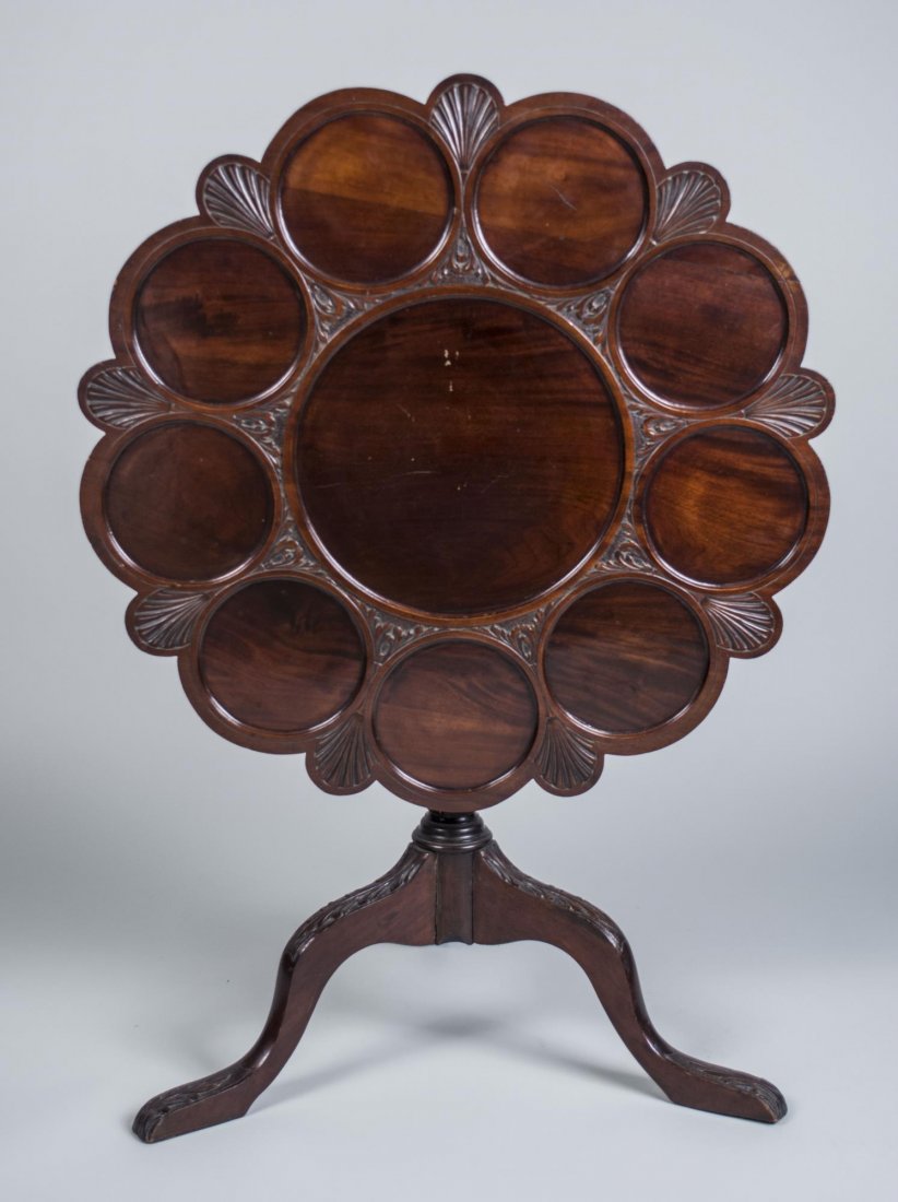 Queen Anne Style Dish Top Tilt Top Table: 19th century, Height 29 inches, diameter 34 inches.