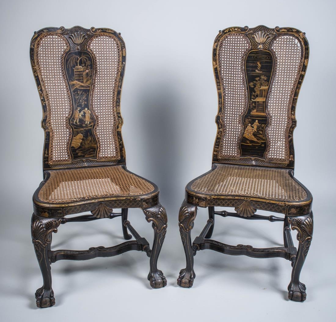 Pair of Caned Chair: Chinoiserie decoration. Height 44 inches, width 21 inches, depth 23 inches.