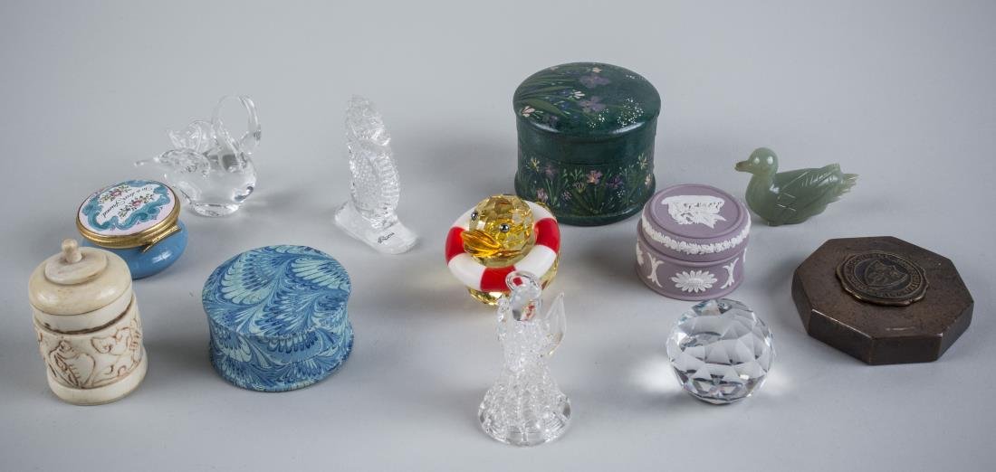 Group of Boxes & Glass Animals: Various styles including a Wedgwood porcelain box, a papier mache box, etc. Various sizes.