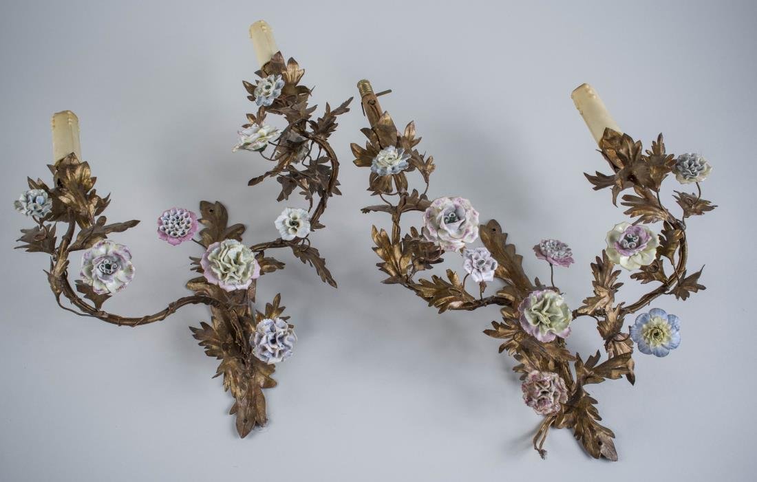 Pair of Gilt Metal and Ceramic Sconces: Each a two light sconce with ceramic floral decoration.