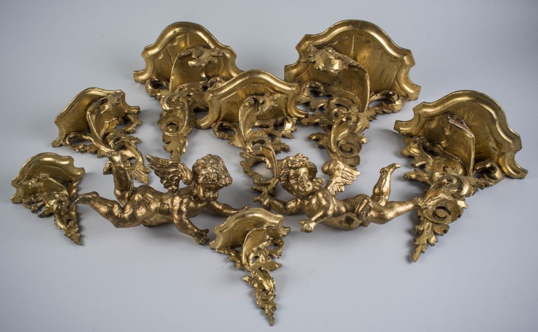 Group of Gilt Wood Brackets: Rococo style with scroll decoration. Largest, height 11 inches.
