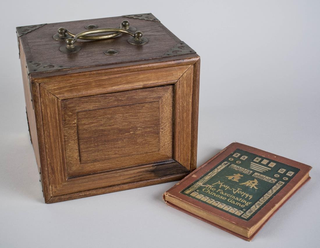 Bone and Bamboo Mahjong Set: In original brass bound storage box. Box height 6 1/2 inches, width 7 1/2 inches, depth 7 3/4 inches.