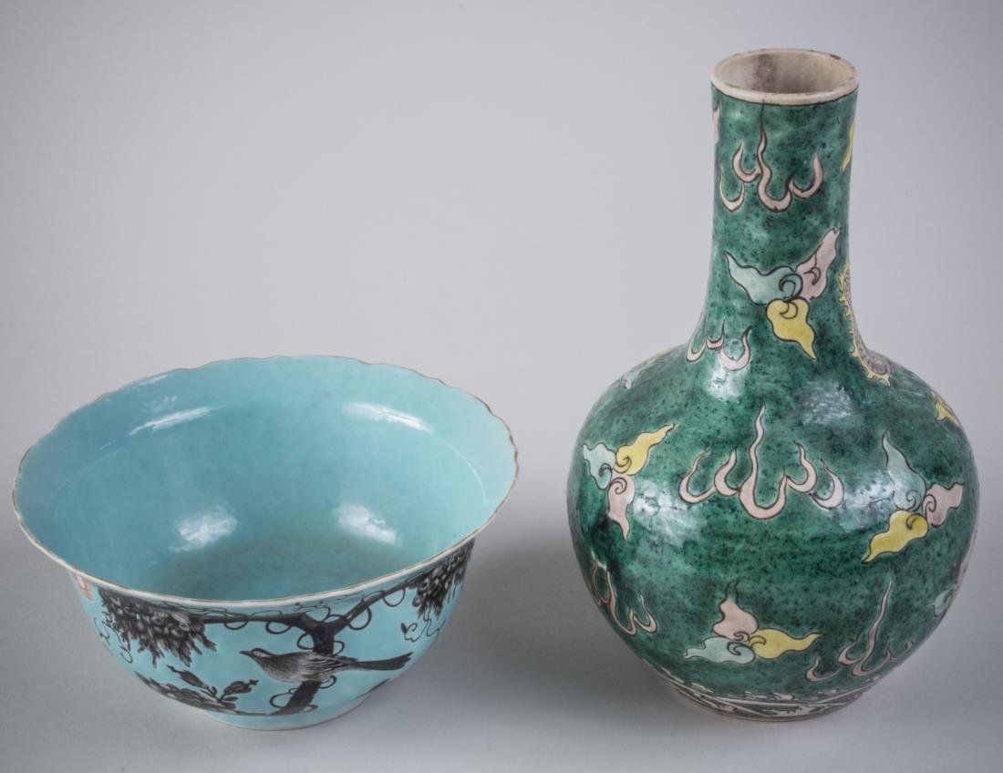 A Chinese Guangxu Porcelain Bowl: (1875-1908) en grisaille on turquoise with makers marks in iron red, marked China for export, as is, height 3 inches, with a sancai (three color) stoneware bottle vase with a five claw dragon Guangxu 