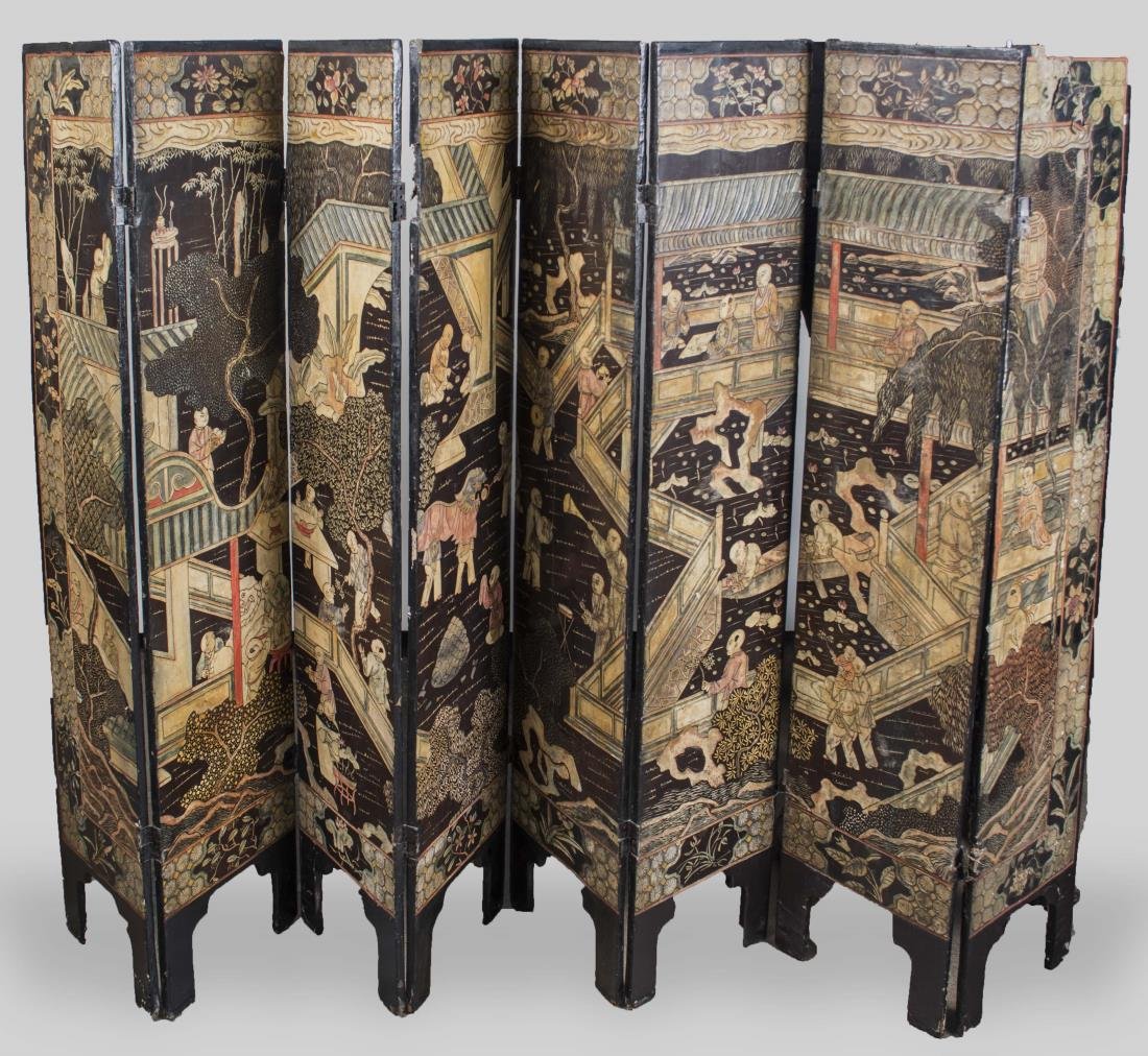 Chinese Coromandel Screen: Pagoda scene decoration. Height 56 inches, panel width 11 1/2 inches.