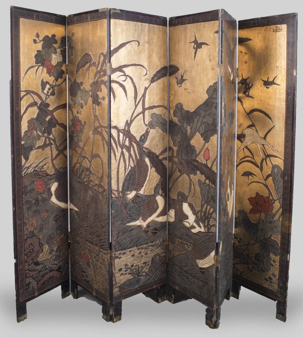Chinese Coromandel Screen: Water fowl and foliage decoration. Height 5 feet 11 inches, panel width 16 inches.