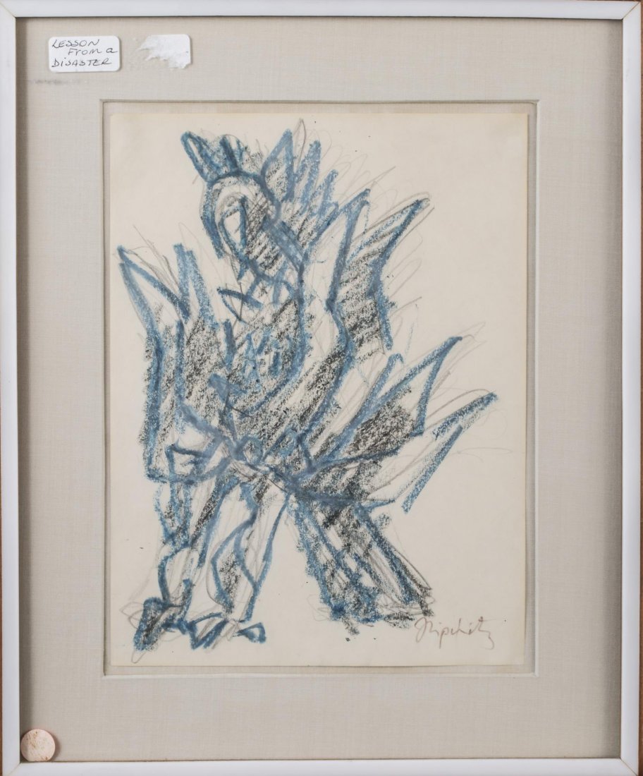 Jacques Lipchitz (French, 1891-1973): Lesson from a Disaster. Colored crayon on paper, 1952. Signed (l.r.). Sight size 12 x 9 inches. Matted and framed. Provenance: From the Collection of Helena and Ladislas Segy.