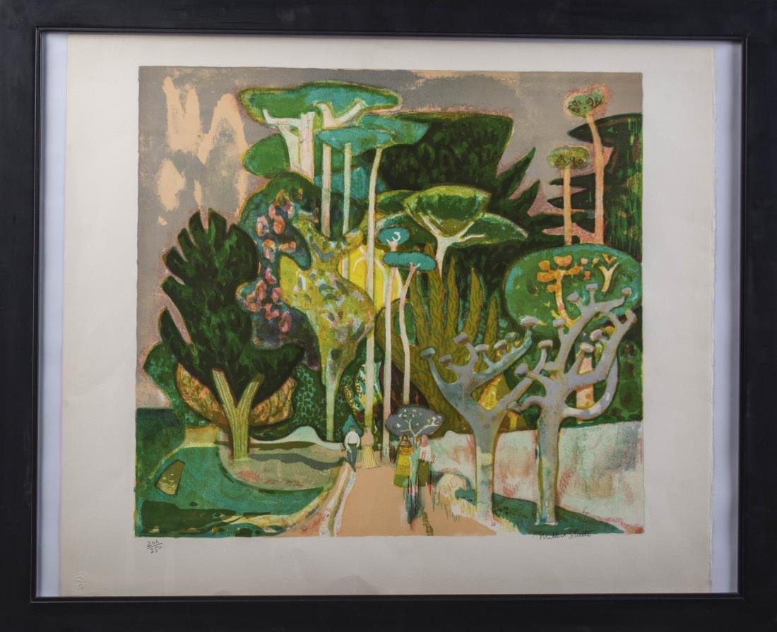 Millard Owen Sheets (American, 1907-1989): The Old Village. Color Lithograph. Signed (l.r.), numbered 206/250 (l.l.). Sheet size 27 1/4 x 24 inches. Framed.