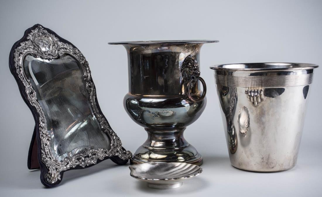 Group of Metal Table Decorations: Two champagne buckets, a dresser mirror, and a shell form dish.