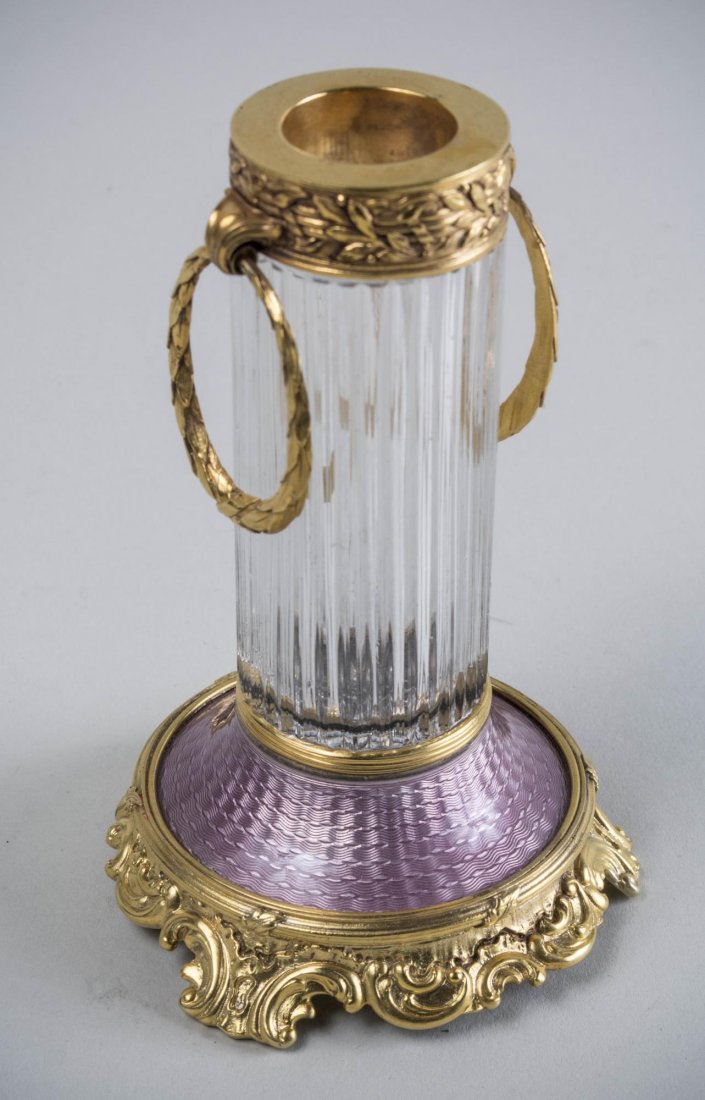Russian Gilt Silver, Crystal and Enamel Vase: Maker's mark of Mikail Grachev, also marked 88, neoclassical style, with a border of laurel leaves suspending two wreath / rings of laurel leaves on a ribbed crystal column, with a lavender guilloche