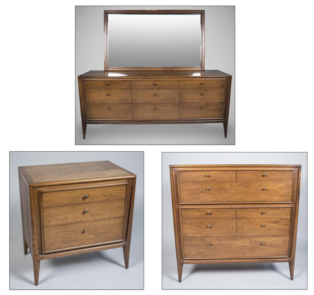 John Stuart Four Piece Bedroom Set: Facade, label in drawer. Comprising a chest of drawers, a dresser, a side table, and a mirror. Chest height 45 1/2 inches, width 46 inches, depth 19 1/4 inches. Dresser height 32 inches, width 6 feet,