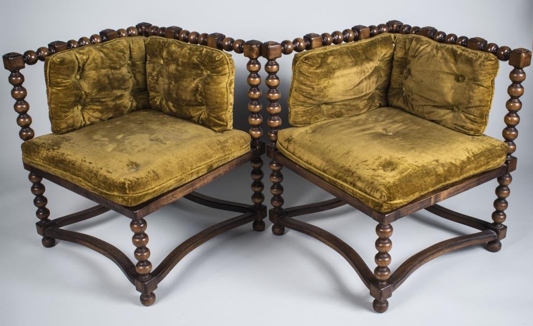 Pair of Turned Walnut Corner Chairs: Bobbin turned rails and supports and legs. Height 30 inches, 25 inches square.